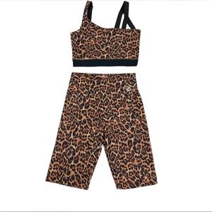 Natori Josie Leopard Sports Bra Top, High Rise Biker Shorts Set Small